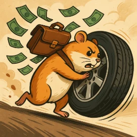 Un hámster empuja una rueda y tras él sale dinero volando.